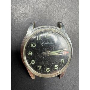 Vintage Men’s Endura Mechanical Date Wristwatch Black Dial Silver Tone No Band